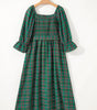 Green Tartan Plaid Square Neck Puff Sleeve Knot Waist Flared Midi Dress Markonline