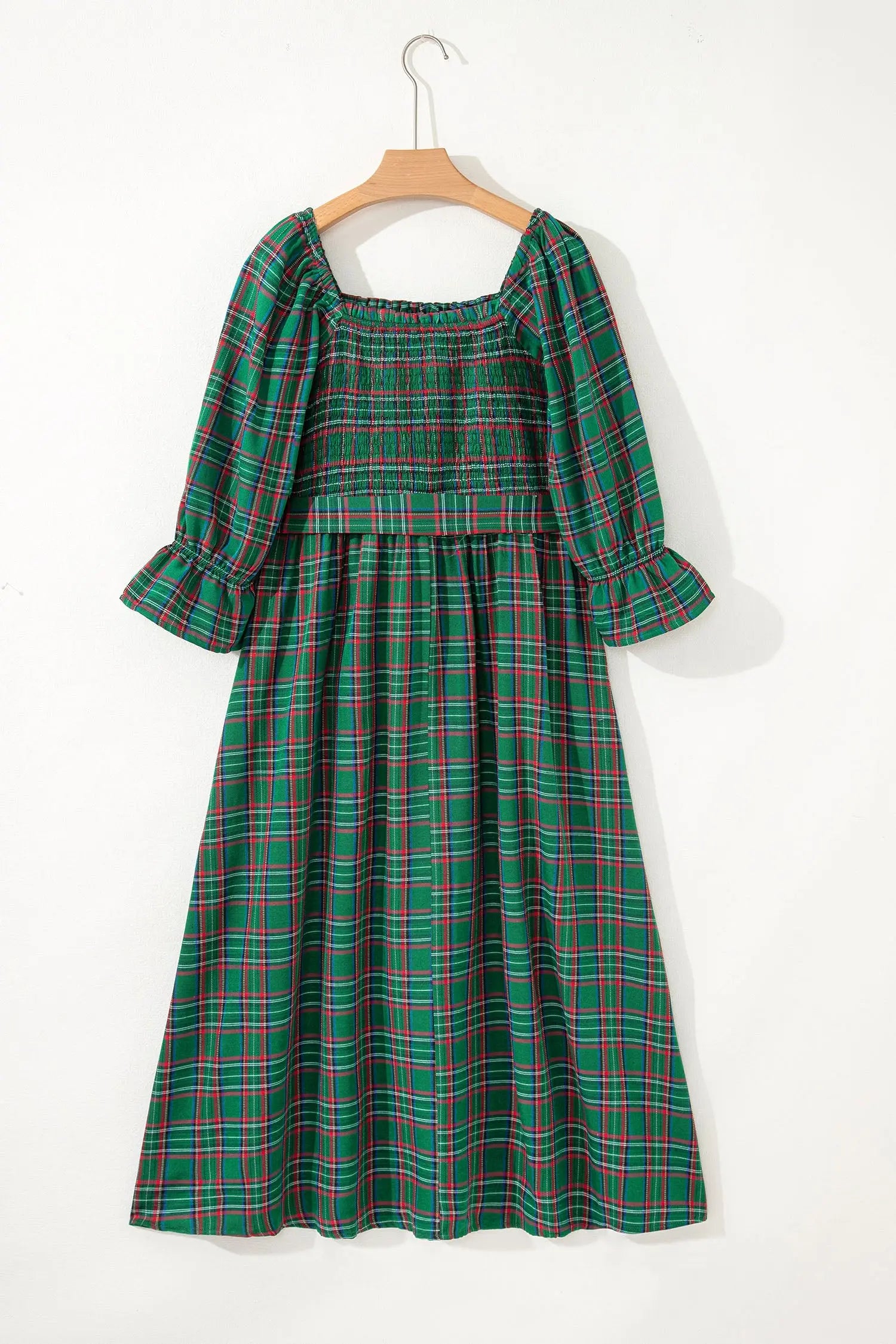 Green Tartan Plaid Square Neck Puff Sleeve Knot Waist Flared Midi Dress Markonline