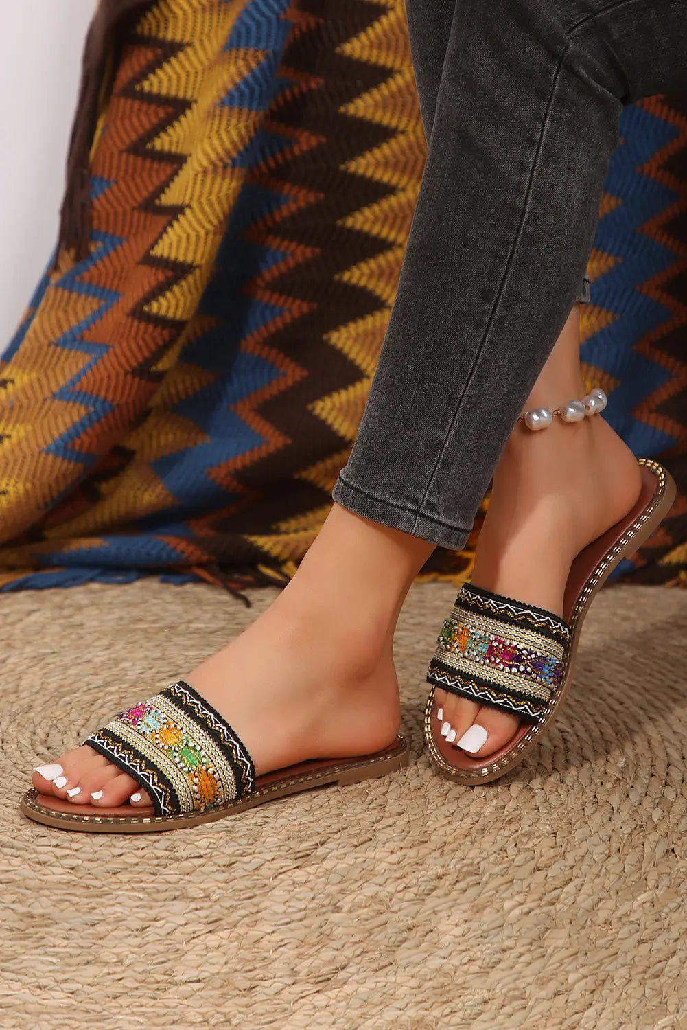 Chestnut Bohemian Pattern Crochet Faux Leather Beach Slippers Dear-Lover Dropshipping