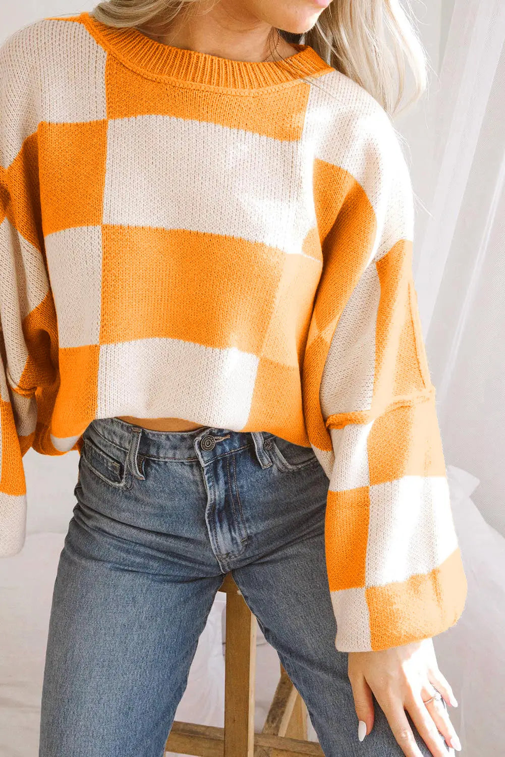 Orange Checkered Bishop Sleeve Sweater Dear-Lover Dropshipping