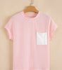 Pink Corded Knit Color Block Pocketed Crew Neck T Shirt Dear-Lover Dropshipping