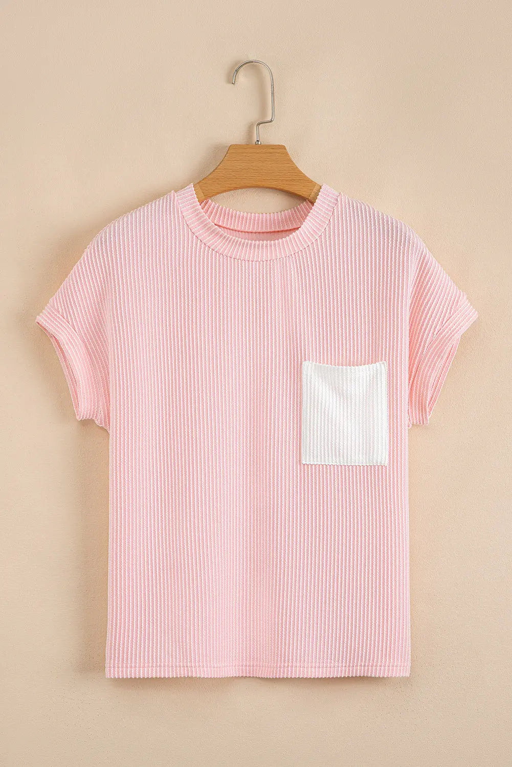 Pink Corded Knit Color Block Pocketed Crew Neck T Shirt Dear-Lover Dropshipping
