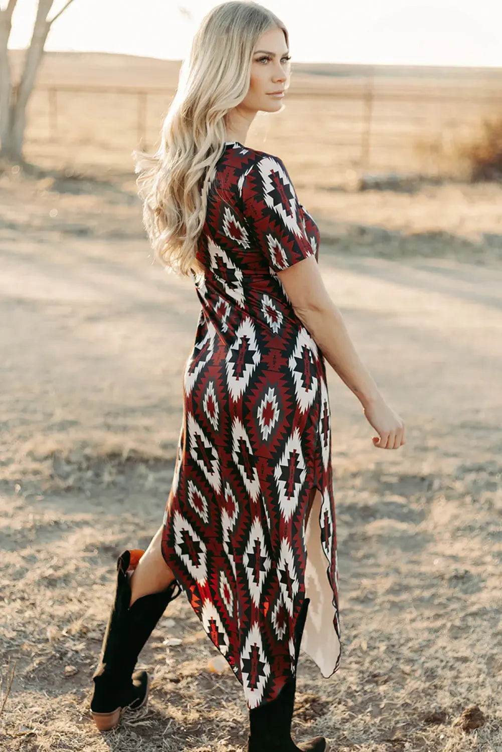 Red Western Aztec Printed Long T-shirt Dress Markonline