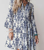 Sky Blue Boho Floral Print Lettuce Trim 3/4 Sleeve Mini Dress Markonline