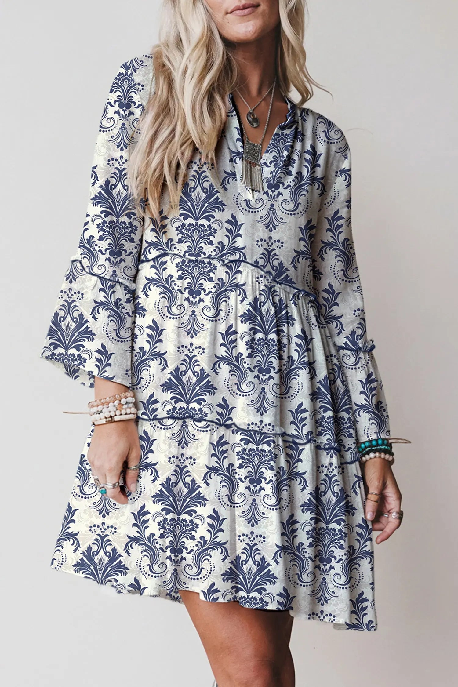 Sky Blue Boho Floral Print Lettuce Trim 3/4 Sleeve Mini Dress Markonline