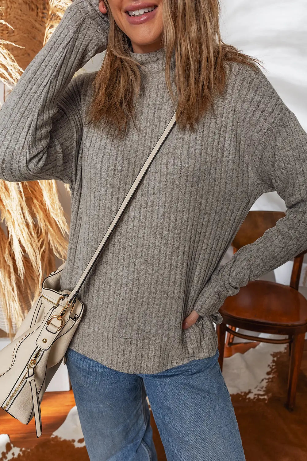 Gray Morn Ribbed High Neck Knitted Pullover Top Markonline