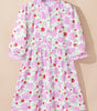 Pink Floral Print Striped Trim Frilled Neck 3/4 Sleeve Flared Mini Dress Markonline