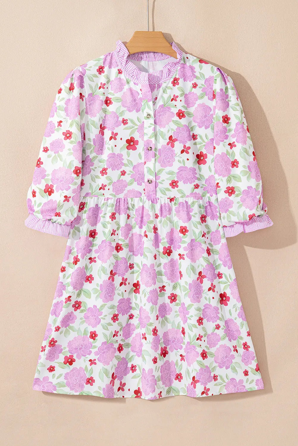 Pink Floral Print Striped Trim Frilled Neck 3/4 Sleeve Flared Mini Dress Markonline