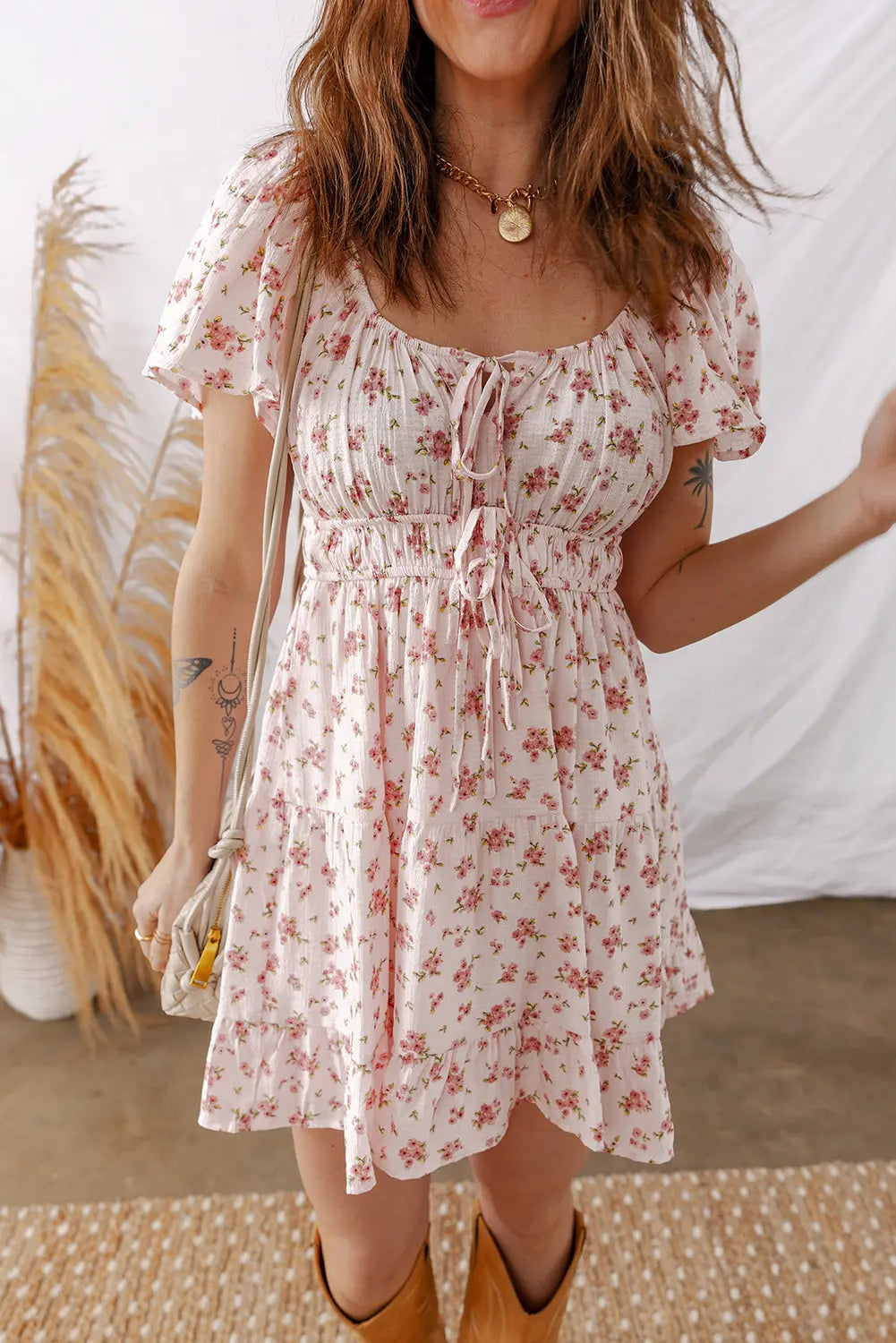 Pink Front Tie Shirred Waist Short Sleeve Ruffled Floral Mini Dress Markonline