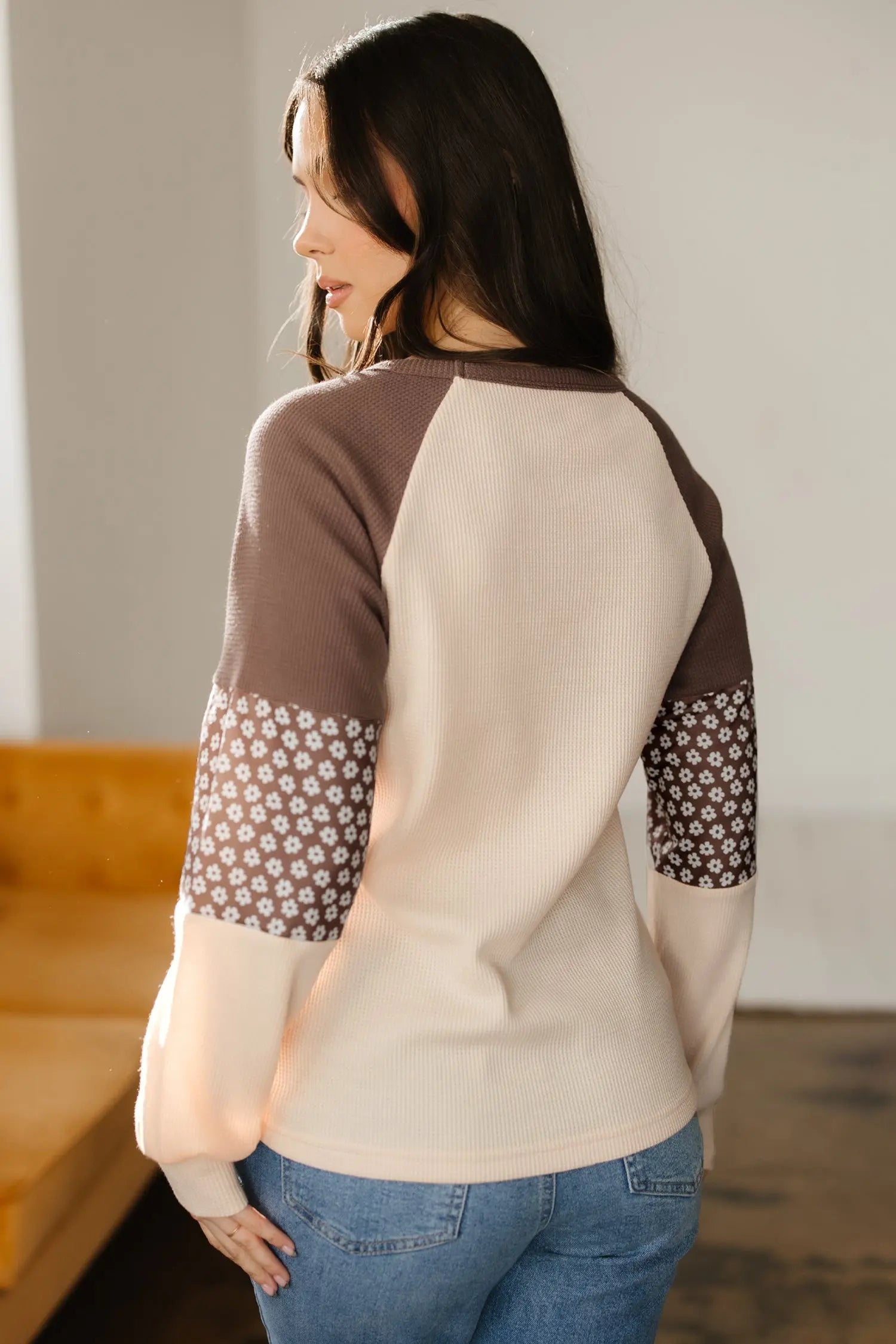 Brown Floral Print Patchwork Color Block Long Sleeve Top Markonline