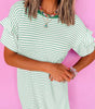 Green Stripe Ruffled Short Sleeve Crew Neck T Shirt Shift Mini Dress Markonline