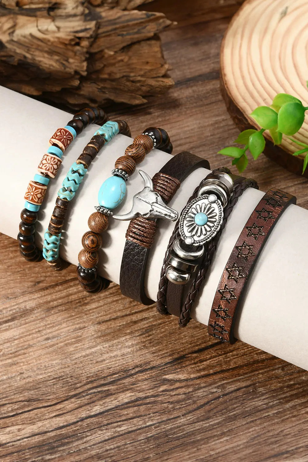 Chestnut 6 Piece Western Bull Skull Turquoise Beading Bracelet Dear-Lover Dropshipping