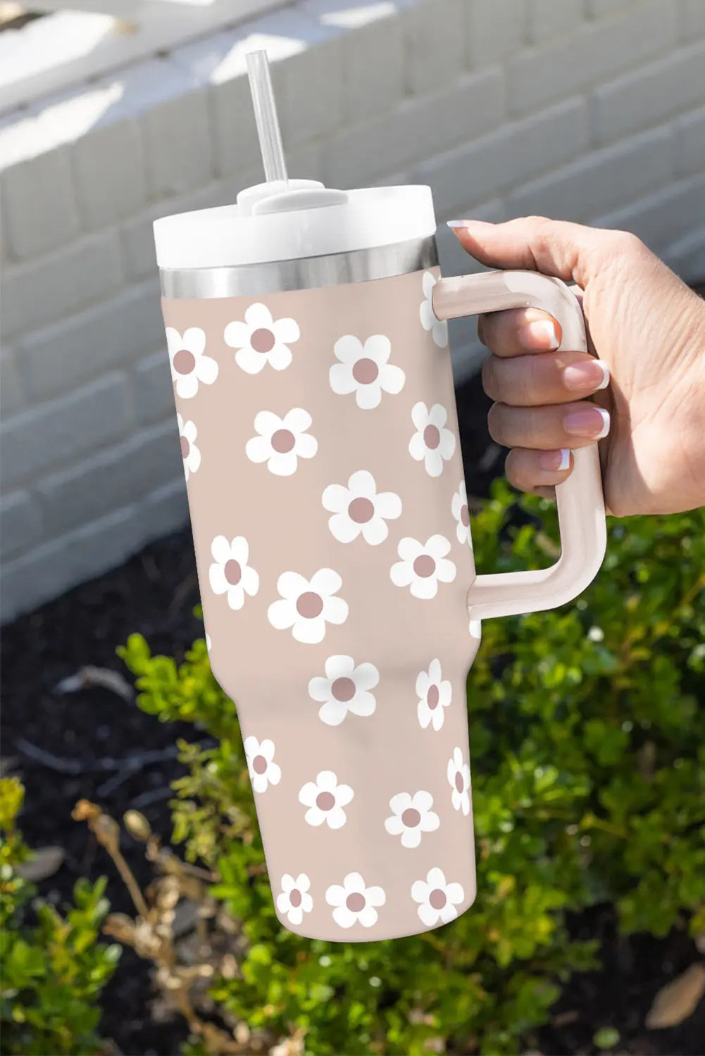 Parchment Floret Print Stainless Tumbler With Lid And Straw 40oz Dear-Lover Dropshipping