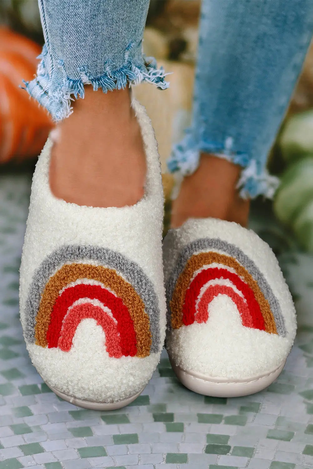 Bright White Rainbow Plush Winter Home Slippers Dear-Lover Dropshipping