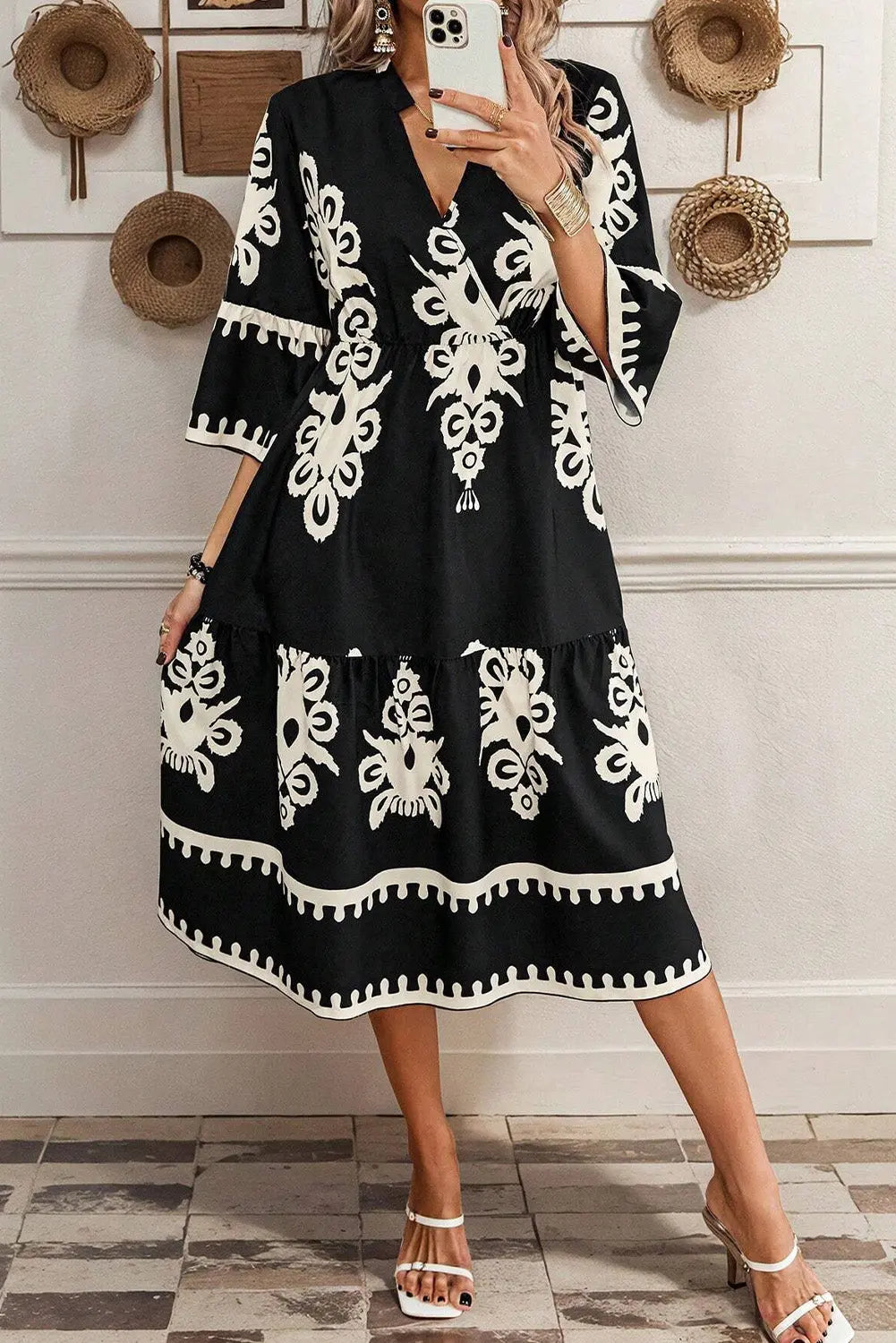 Black Western Geometric Print 3/4 Sleeve Loose Midi Dress Markonline