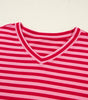 Strawberry Pink Mix Striped Drop Shoulder Patchwork Sleeve V Neck Pullover Dear-Lover Dropshipping