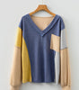 Sail Blue Exposed Stitching Colorblock V Neck Long Sleeve Top Dear-Lover Dropshipping