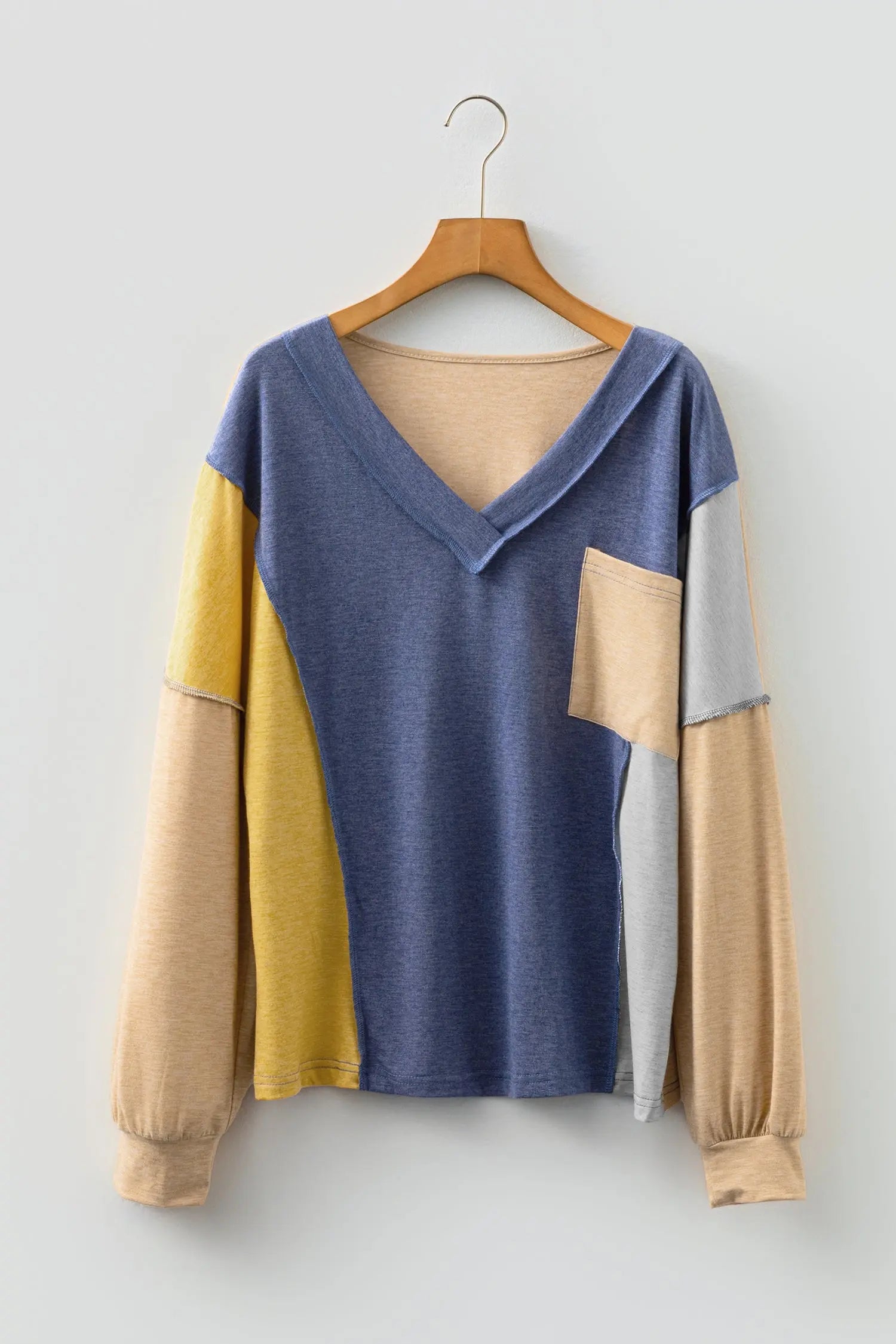 Sail Blue Exposed Stitching Colorblock V Neck Long Sleeve Top Dear-Lover Dropshipping