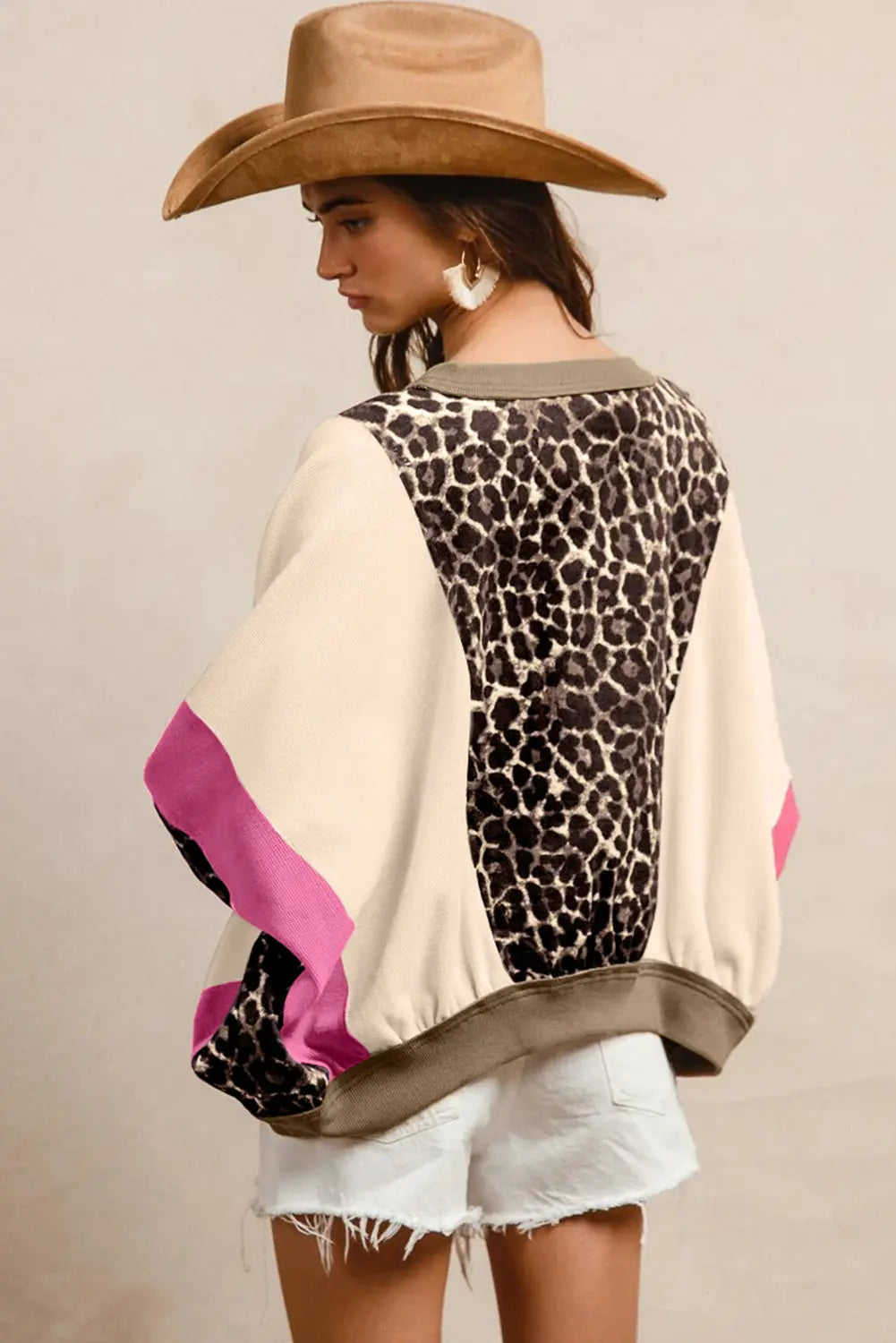 Brown Leopard Print Color Block Patchwork 3/4 Sleeve Loose Top