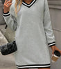Light Grey Striped Trim V Neck Long Sleeve Preppy T Shirt Dress Markonline