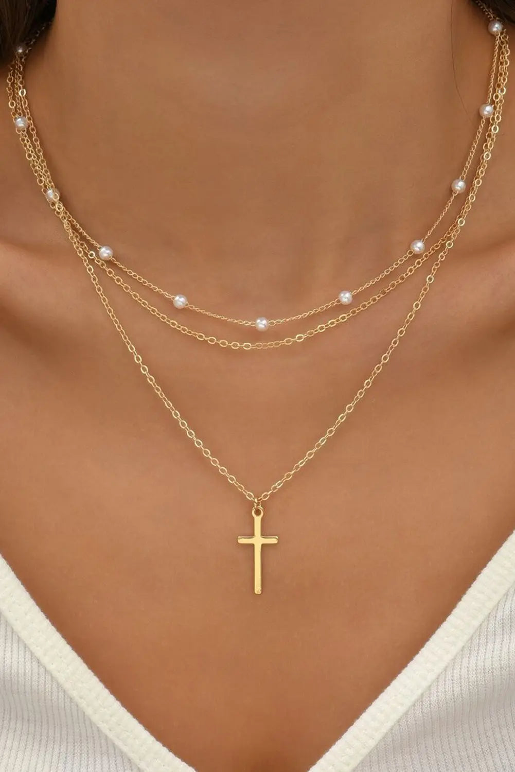 Gold Plated Cross Pendant Pearl Decor Triple Layer Chain Necklace Dear-Lover Dropshipping