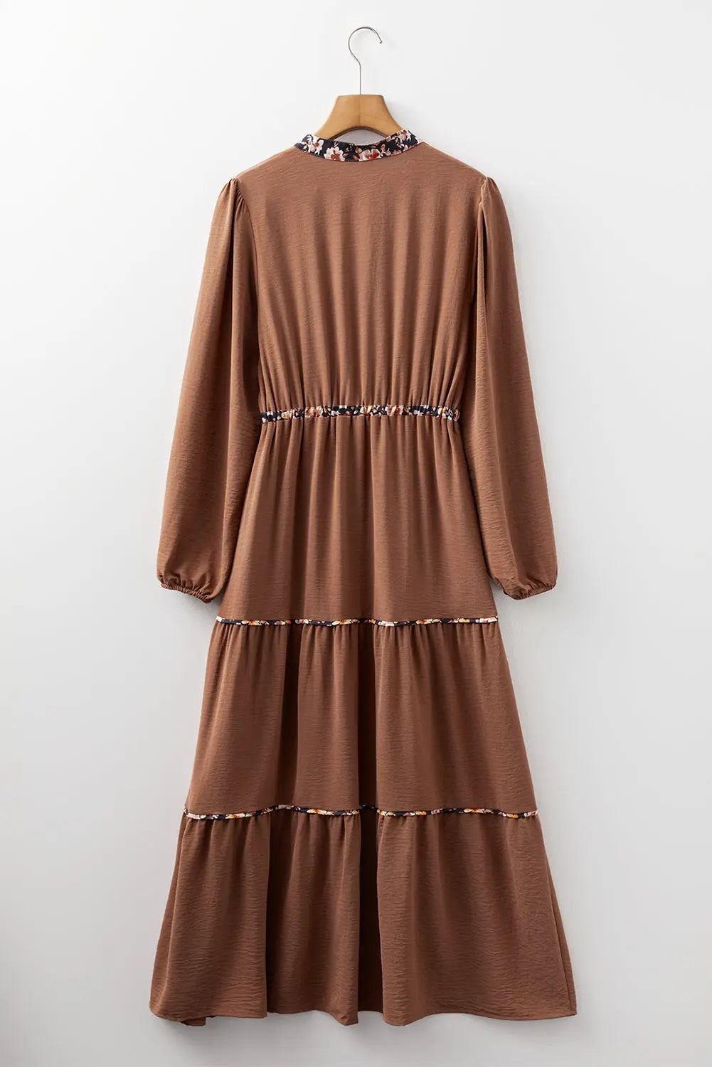 Chestnut Floral Patchwork Detail Notched Neck Long Sleeve Maxi Dress Markonline