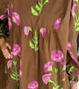 Brown Contrast Floral Print Babydoll Tunic Ruffled Hem Puff Sleeve Dress Markonline