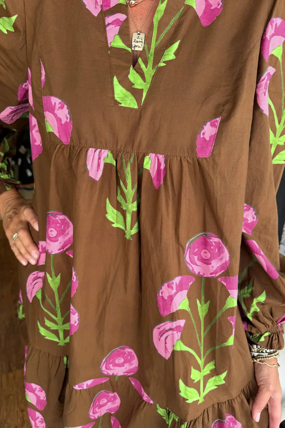 Brown Contrast Floral Print Babydoll Tunic Ruffled Hem Puff Sleeve Dress Markonline