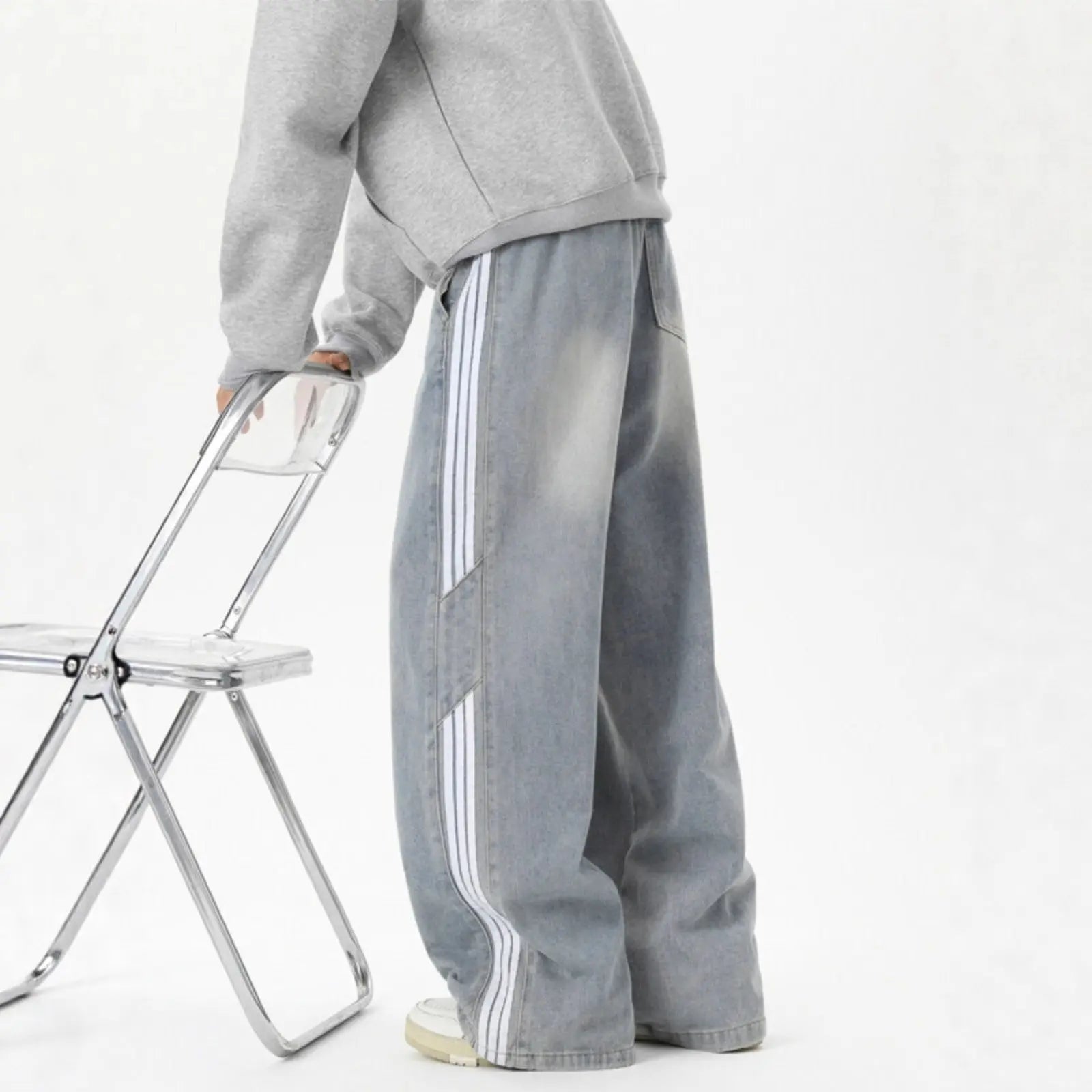 Side Stripe Webbing Denim Pants Men Vintage Washed Oversized Loose Straight Leg Pants Markonline