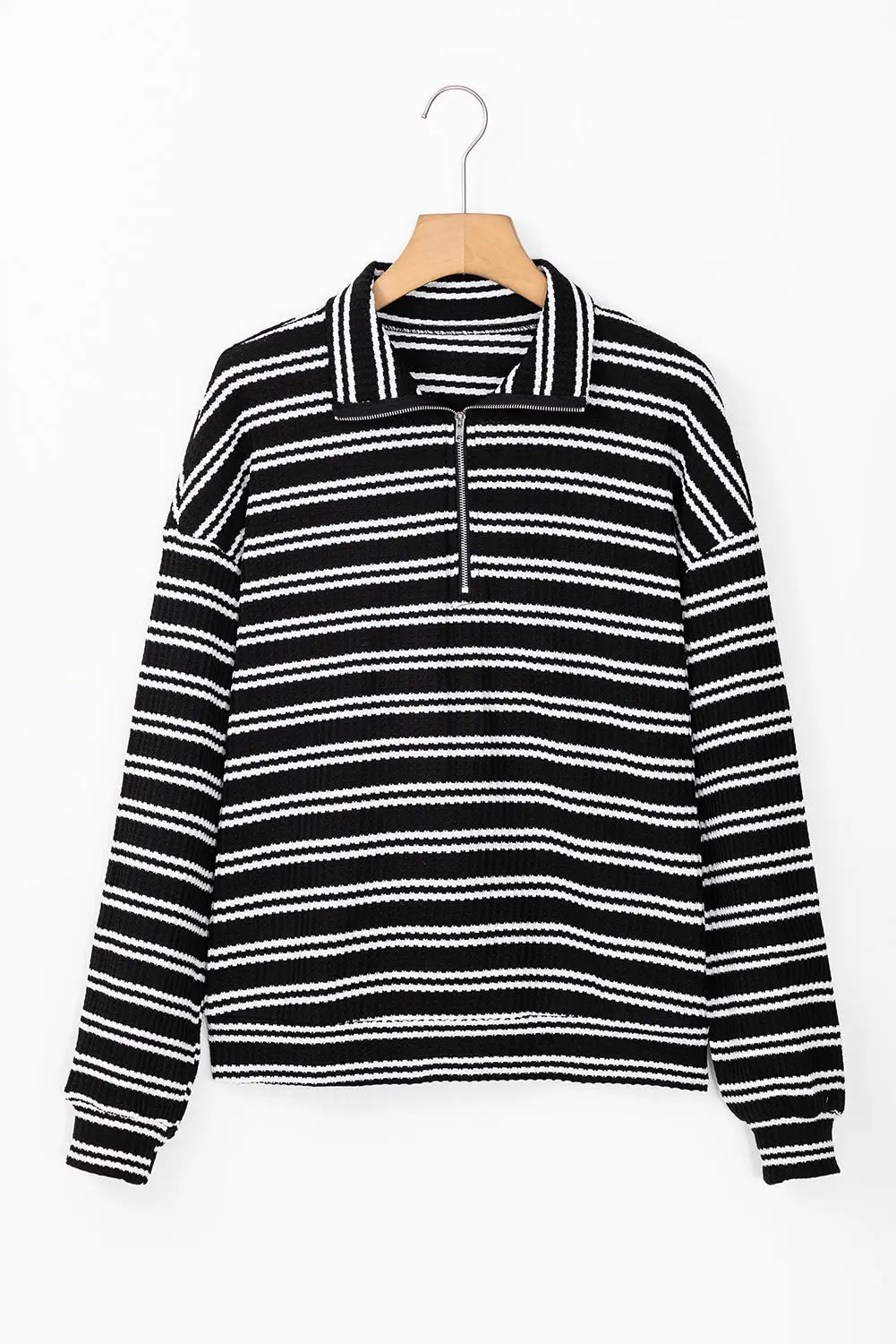 Black Stripe Textured Quarter Zip Collar Long Sleeve Top Dear-Lover Dropshipping