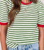 Green Stripe Short Puff Sleeve Contrast Trim Round Neck Tee Markonline