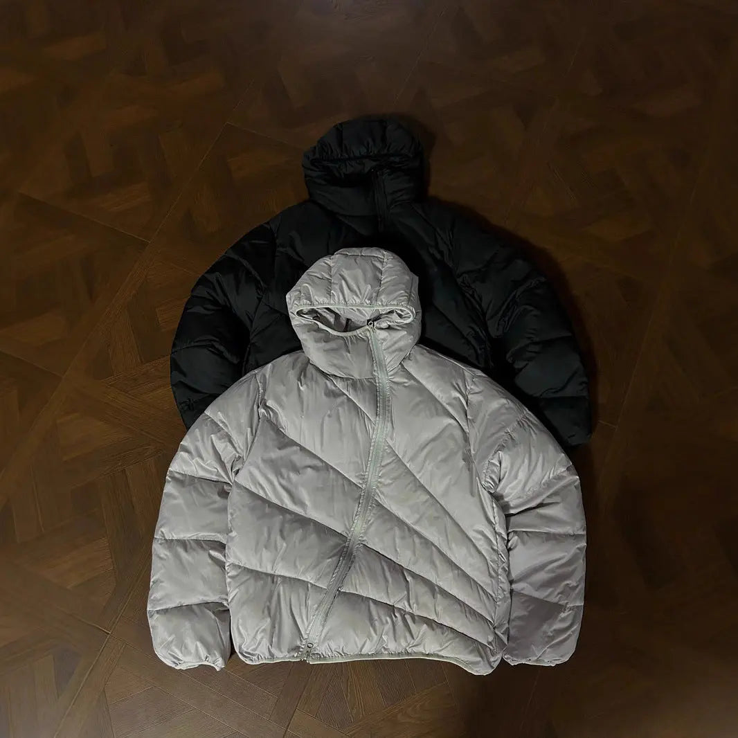 Street Style Asymmetric Zipper Deconstructed Ribbed Cotton Coat for Women, Winter Loose Warm Hooded Cotton Jacket for Men eprolo