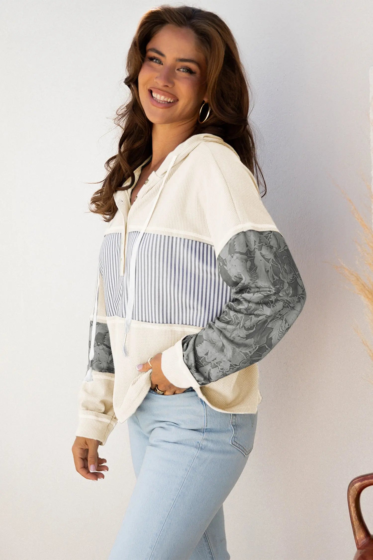 White Waffle Printed Patchwork Drawstring Hooded Long Sleeve Top Markonline