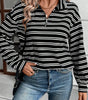 Black Stripe Textured Quarter Zip Collar Long Sleeve Top Dear-Lover Dropshipping