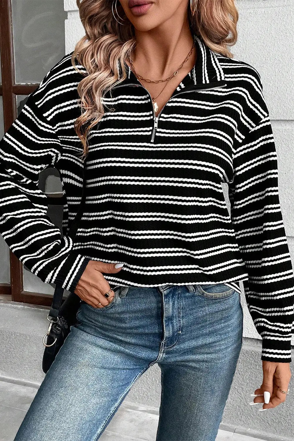 Black Stripe Textured Quarter Zip Collar Long Sleeve Top Dear-Lover Dropshipping