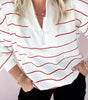 Fiery Red Zip V Neck Casual Stripe Print Drop Shoulder Long Sleeve Top Markonline