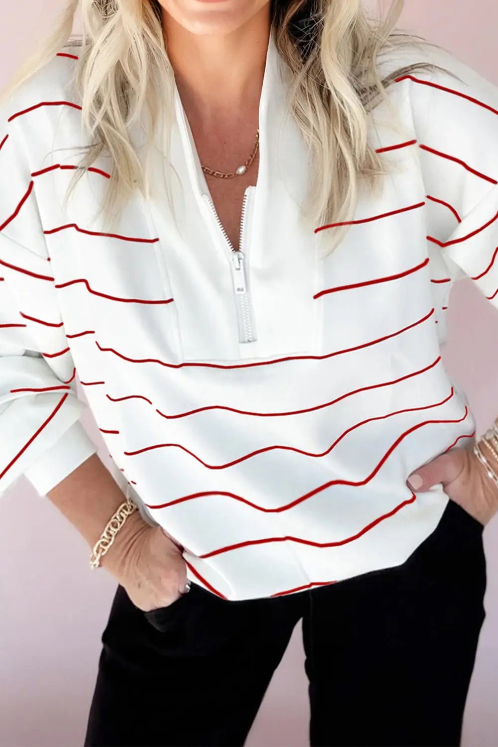 Fiery Red Zip V Neck Casual Stripe Print Drop Shoulder Long Sleeve Top Markonline