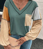 Four Leaf Clover Exposed Stitching Colorblock V Neck Long Sleeve Top Dear-Lover Dropshipping