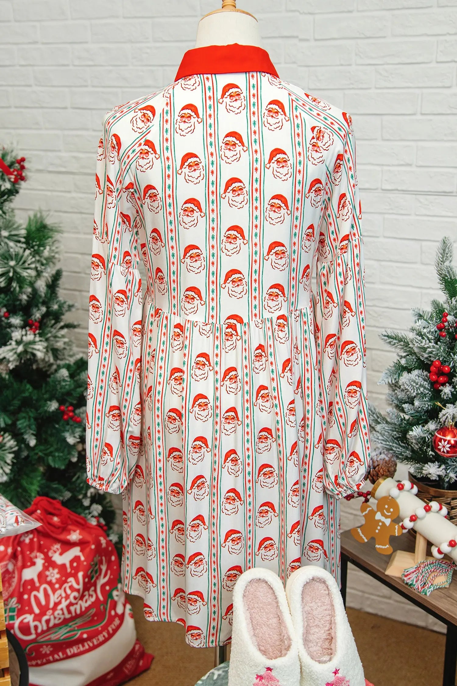 White Father Christmas Contrast Collar Button Front Long Sleeve A-line Mini Dress Markonline