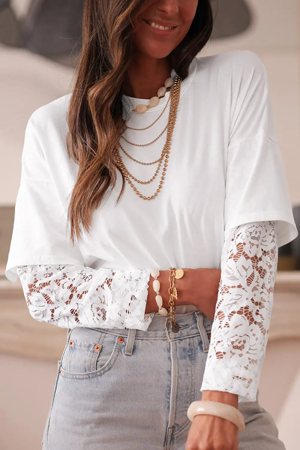 White Lace Long Sleeve Insert Drop Shoulder Tee Markonline