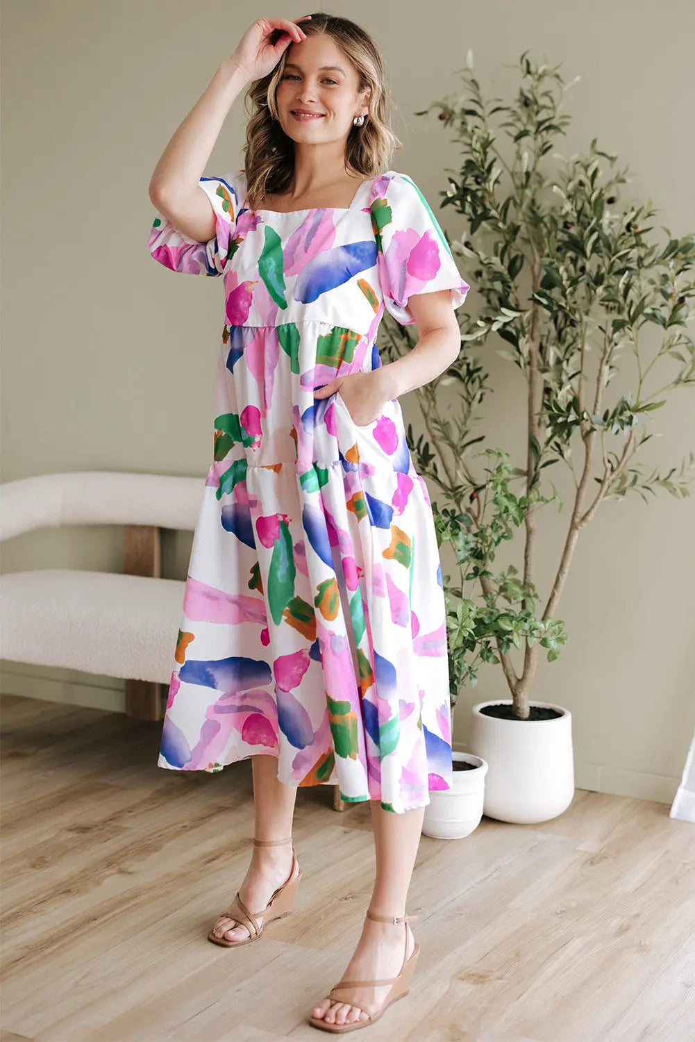 Purple Abstract Print Puff Sleeve Smocked Back Midi Dress Markonline