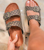 Coffee Geometric Print Cut Out Buckle PU Leather Flat Slippers Markonline