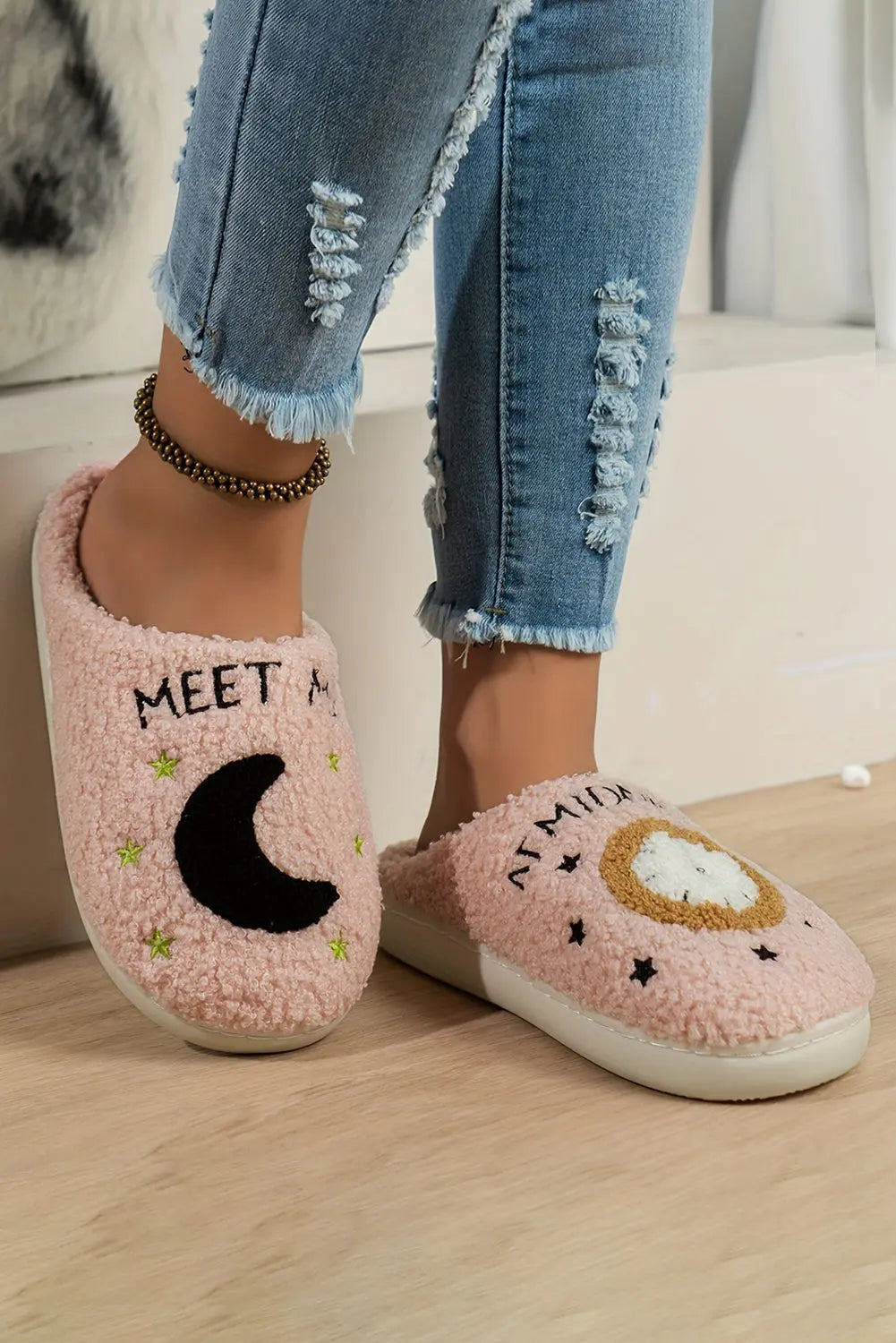 Light Pink Moon & Clock Pattern Fuzzy Home Slippers Dear-Lover Dropshipping