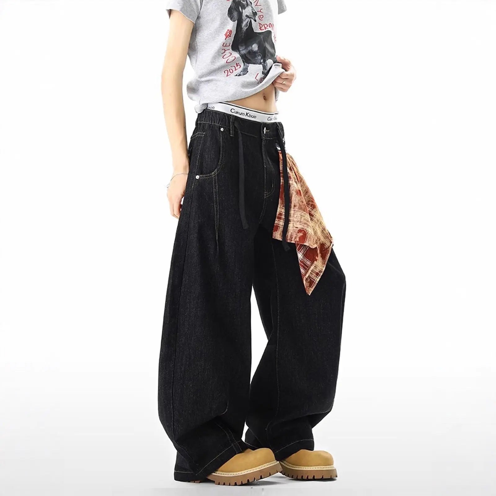 Plaid Baggy High Waist Zipper Jeans for Men and Women &ndash; Loose Wide Leg Oversized Pants Markonline
