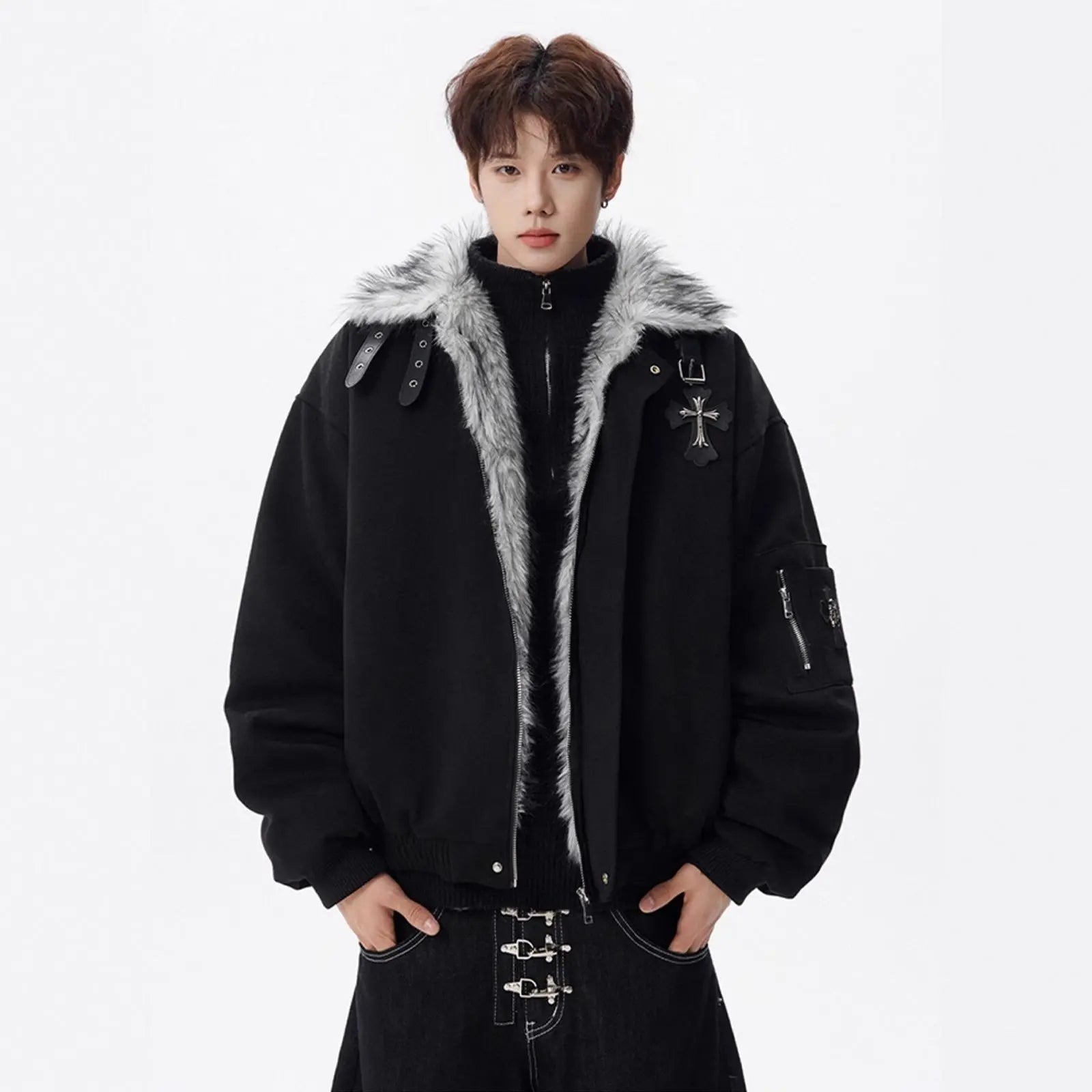 Cross Mountain Eagle Fur-Collar Cotton Coat for Men, Winter Fleece-Lined Thick Warm Cotton Jacket, High-End Style Markonline