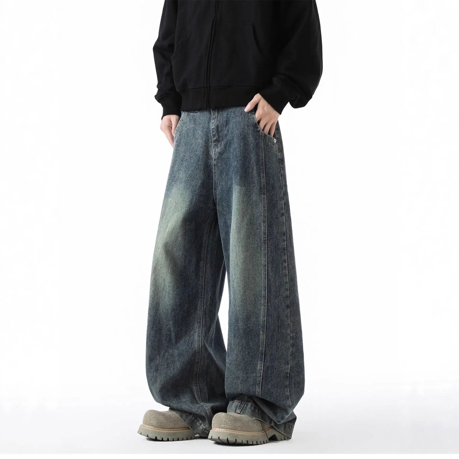 High Street Wide Leg Jeans Men Autumn Winter  Loose Straight Fit Drapey Floor-Length Pants Men Washed Vintage