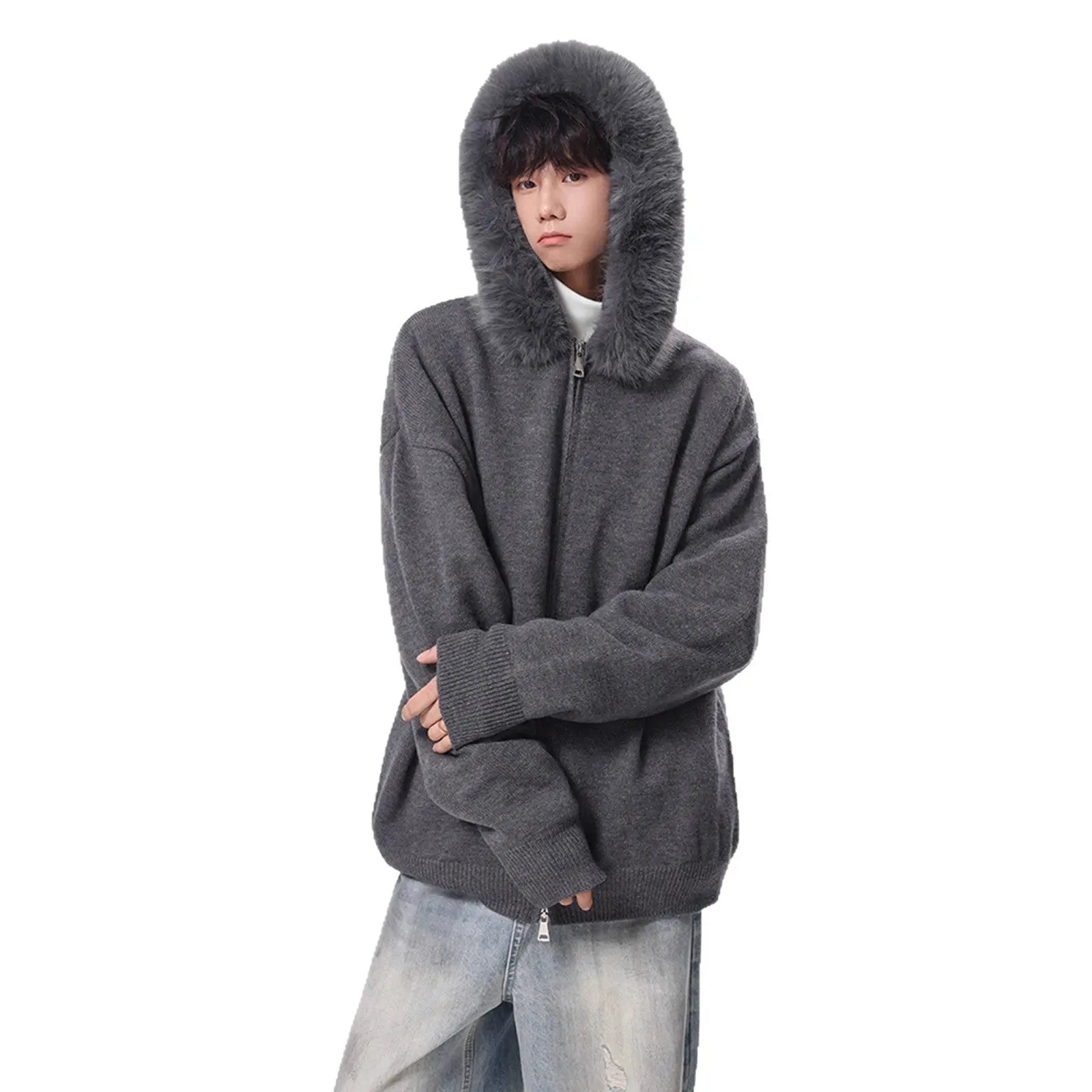 Fashionable Detachable Fur Collar Knit Sweater for Men Winter  Double Zipper Open Front Sweater High Street Versatile Couple Jacket Markonline