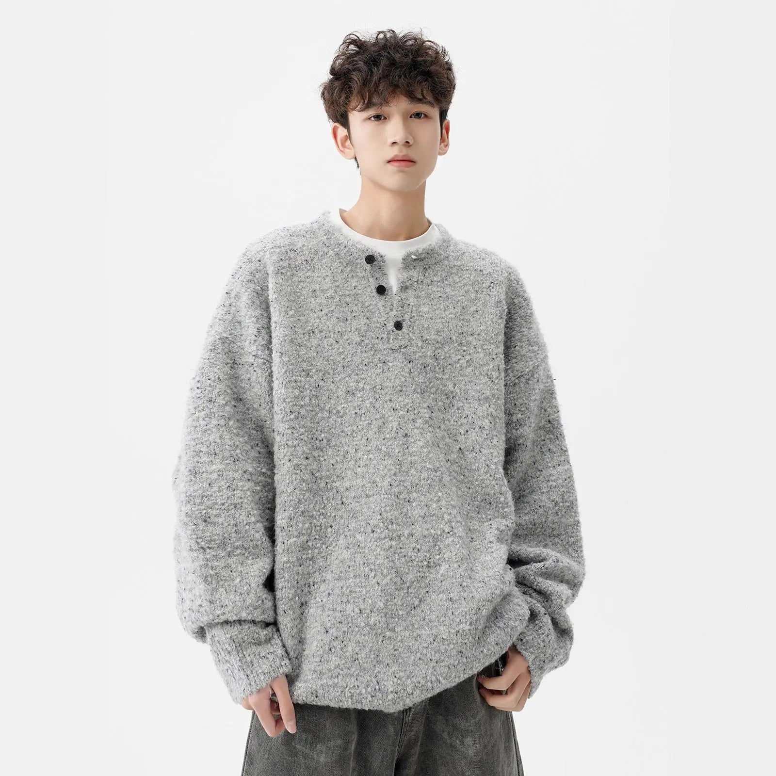 Heavyweight Henley Neck Sweater for Men, Autumn Winter New Thick Wool Knitwear, Loose Warm Pullover Knit Sweater Markonline