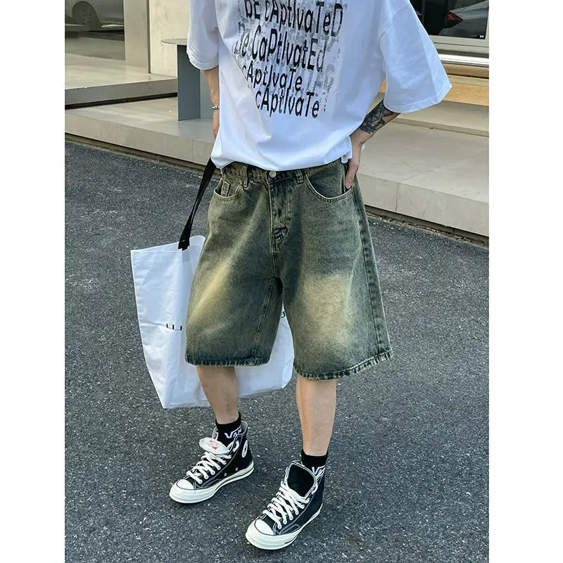 Blue denim shorts casual loose five quarter pants for men