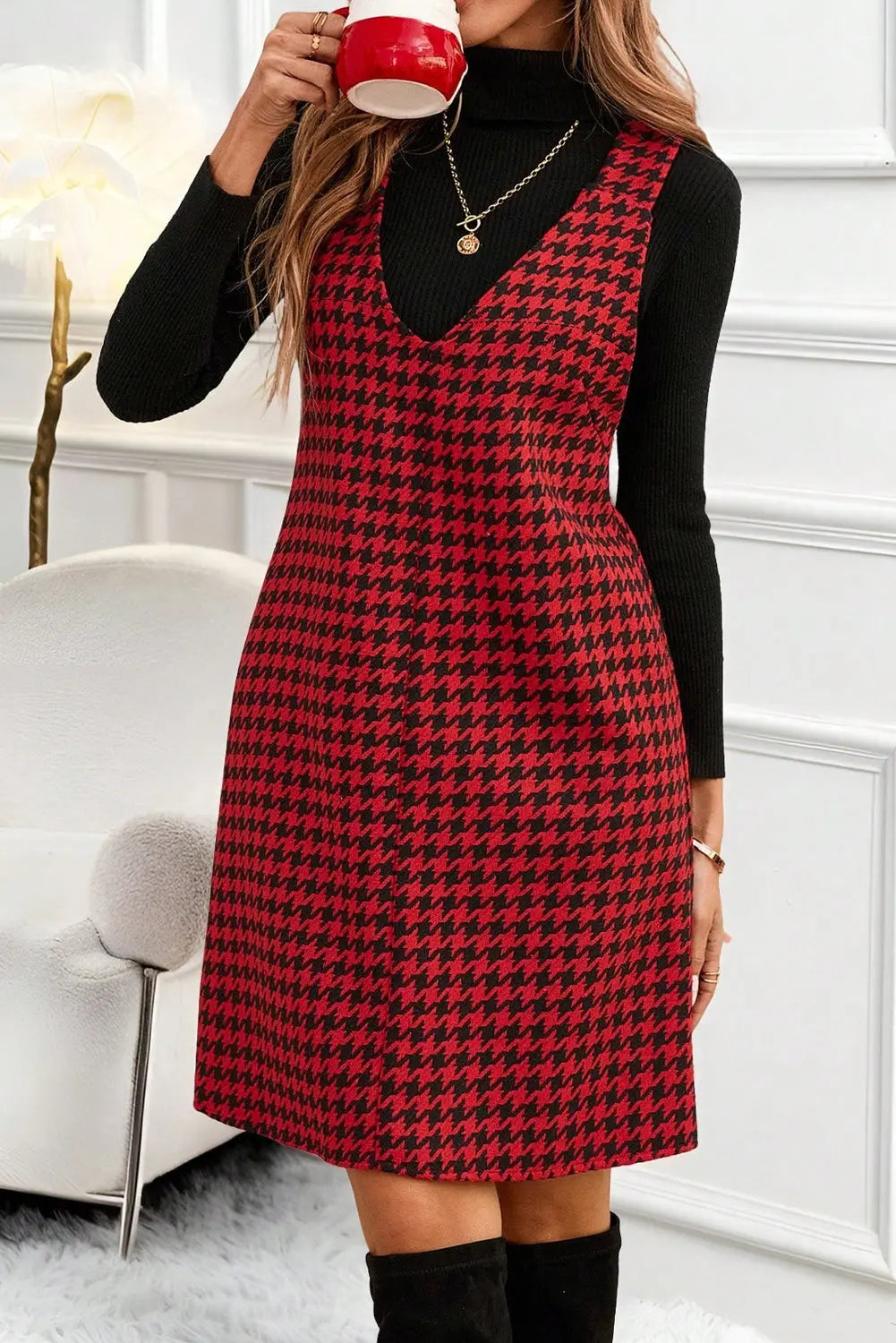 Red Houndstooth Print V Neck Sleeveless Mini Dress Markonline